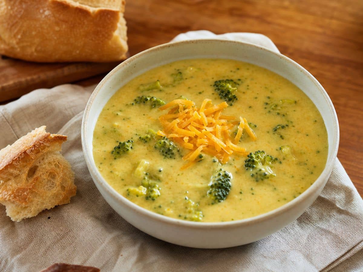 A finished serving of Broccoli Cheddar Soup
