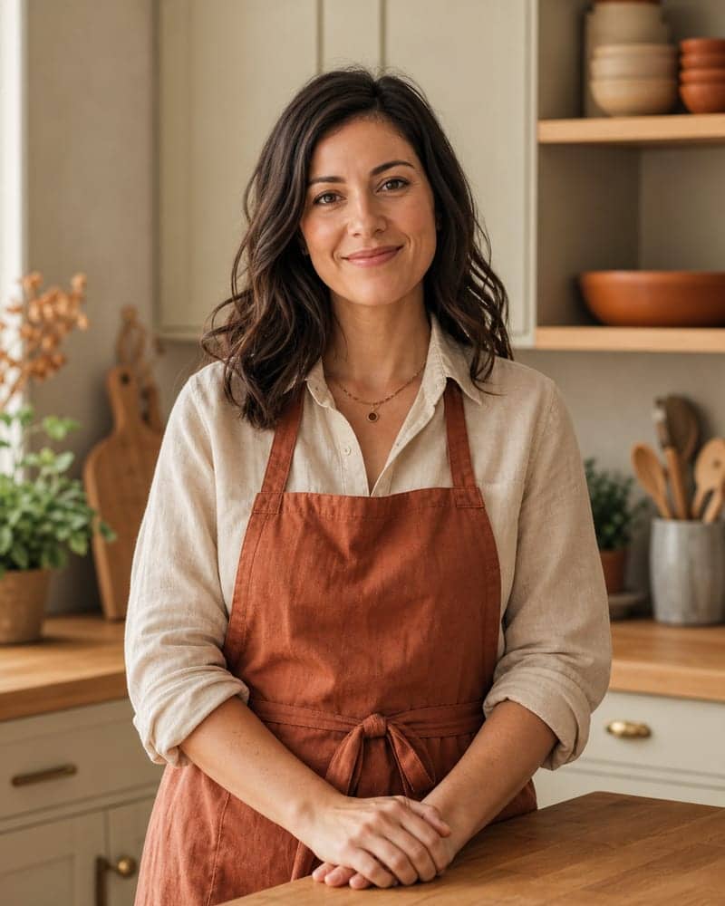 Clara, an AI-created virtual editorial host in a warm kitchen