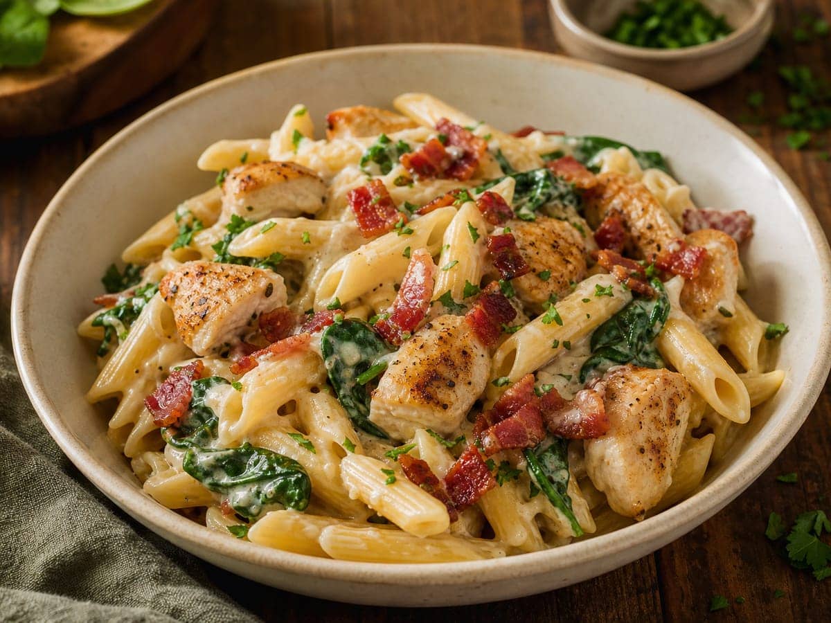 A finished serving of Chicken Bacon Ranch Pasta