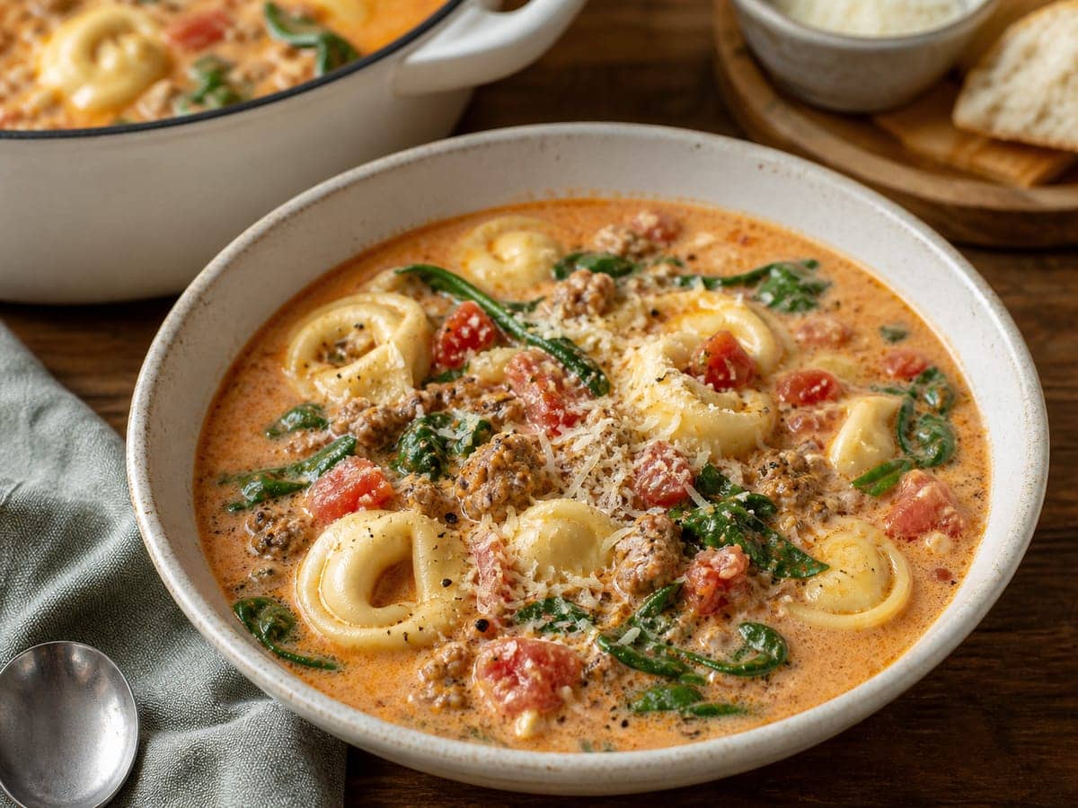 A finished serving of Creamy Tortellini Soup
