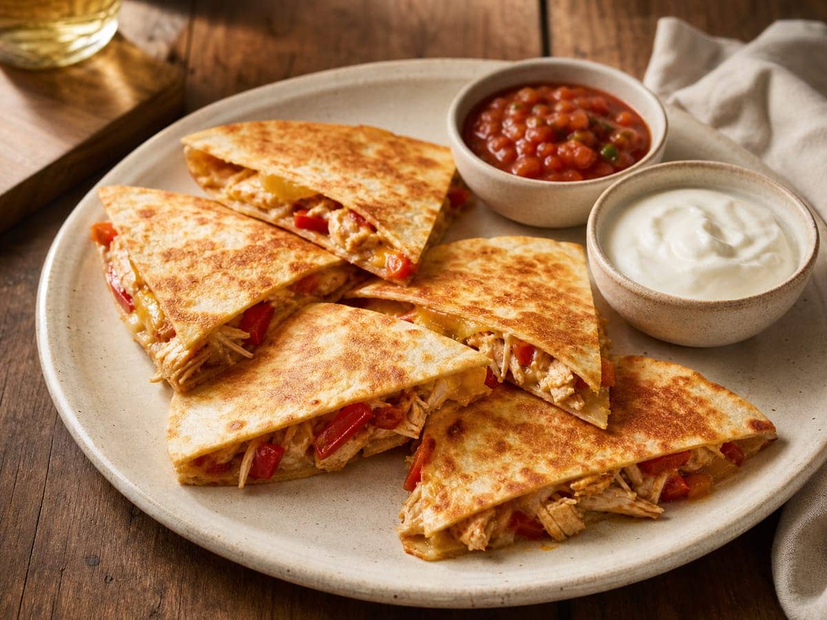 A finished serving of Crispy Chicken Quesadillas