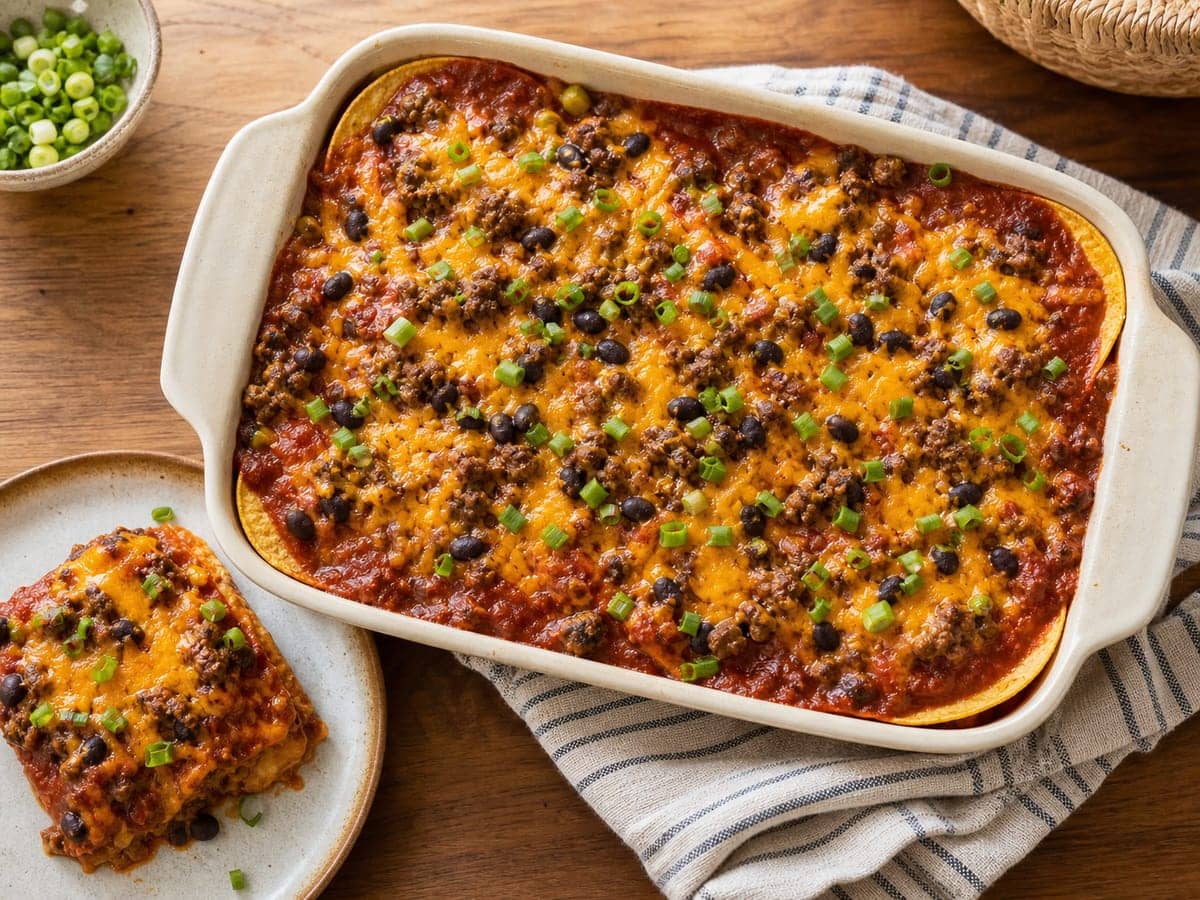 A finished serving of Easy Beef Enchilada Casserole