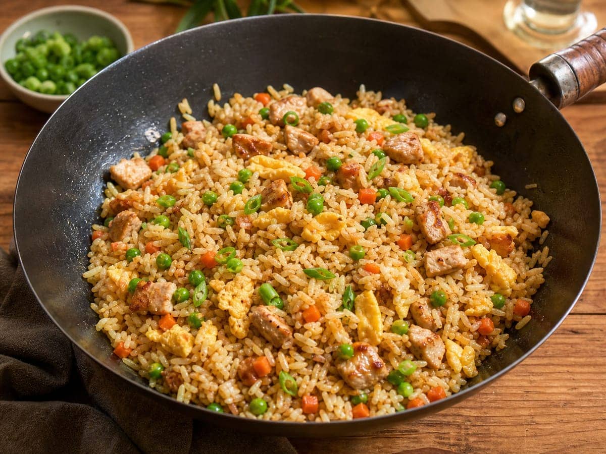 A finished serving of Easy Chicken Fried Rice