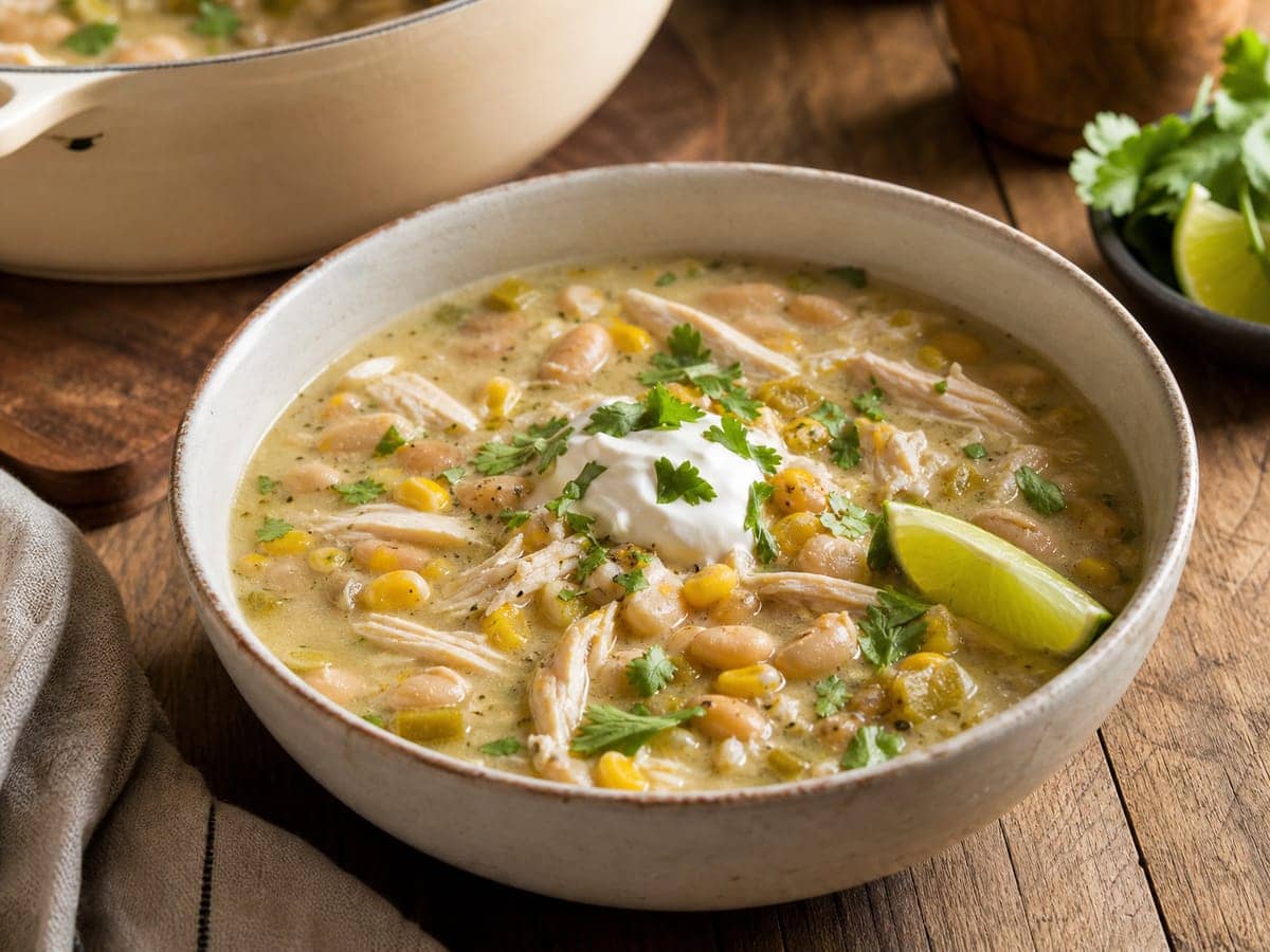 A finished serving of Easy White Chicken Chili