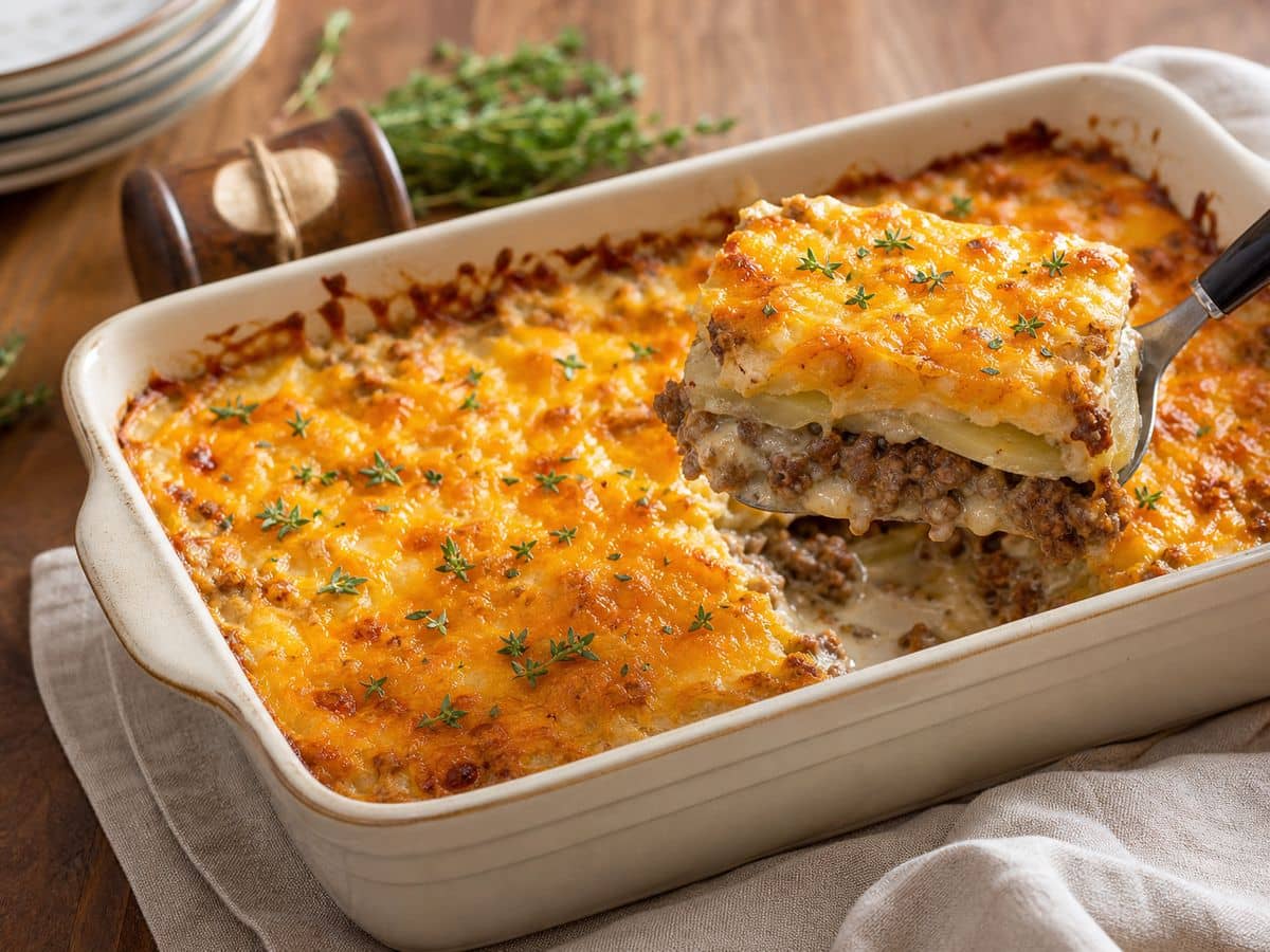 A finished serving of Ground Beef Potato Casserole