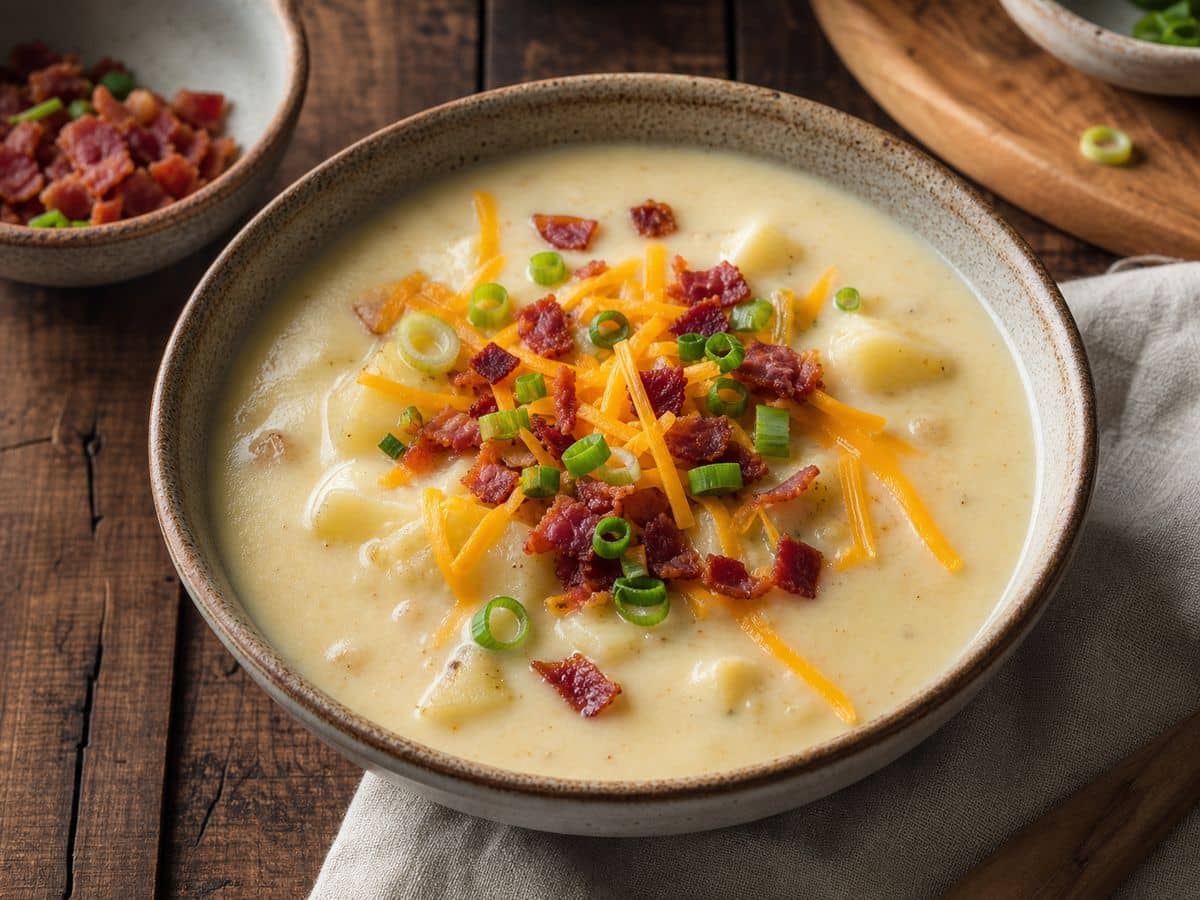 A finished serving of Loaded Baked Potato Soup