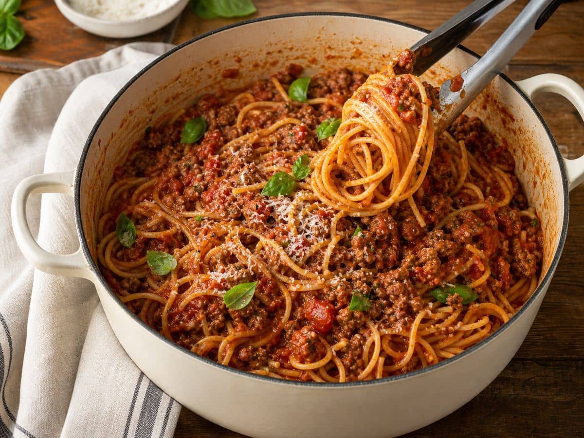 A finished serving of One-Pot Spaghetti with Meat Sauce