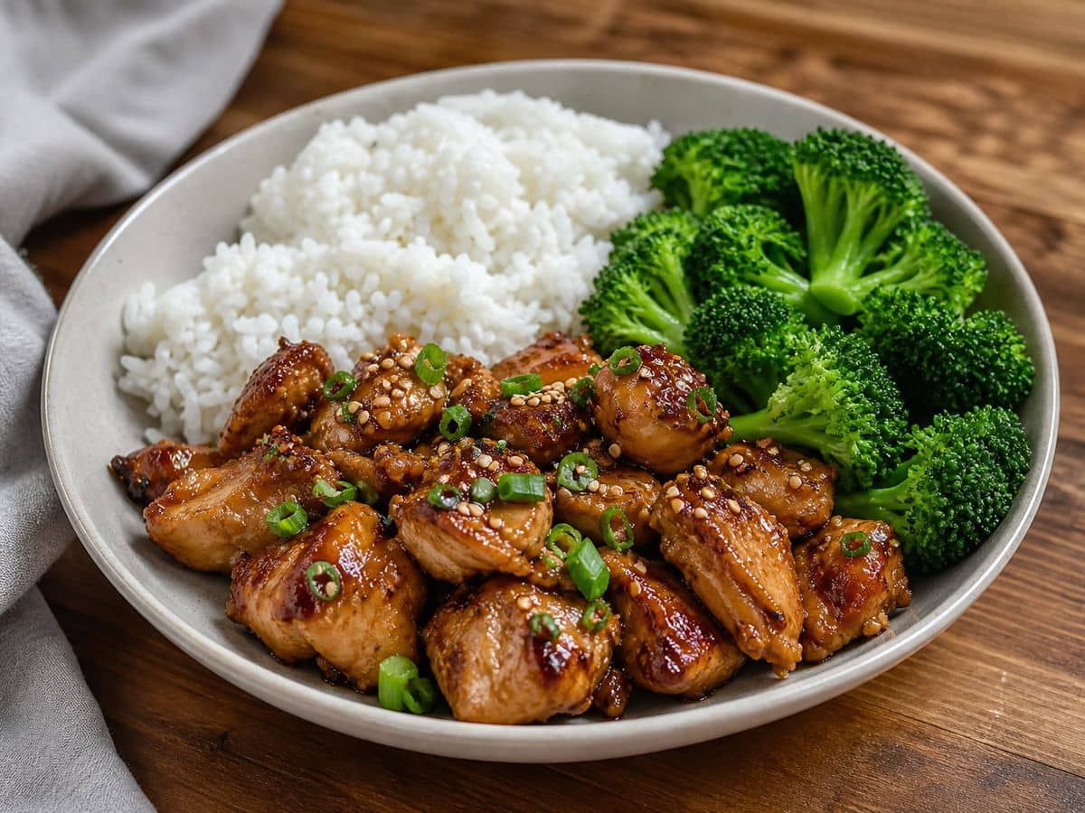 A finished serving of Teriyaki Chicken and Rice